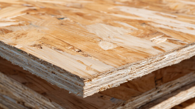 Close-up of warehouse plywood stack, edges aligned with precision, visible laminated layers and fine grain, highlighting preparation for building material processing.