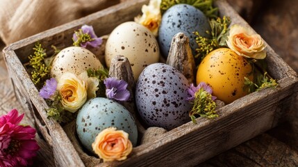 Obraz premium Easter eggs and flowers in a wooden crate