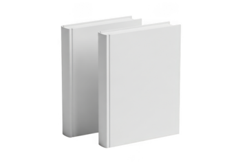 Two blank white books standing upright side by side isolated on transparent background