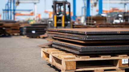 Fototapeta premium Industrial warehouse detail, close-up of steel plate stacks, overlapping edges, reflective surfaces, and pallets providing contrast between cold metal and warm wood textures.