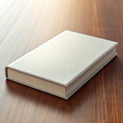 Fototapeta premium Closed blank hardcover book resting on a warm wooden table surface