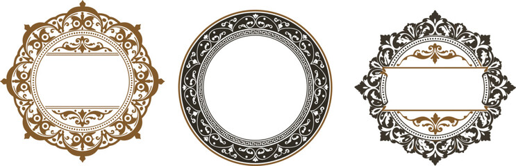 Vintage Ornate Frame Set Featuring Circular and Oval Floral Scroll Designs for Elegant Labels and Graphic Decoration