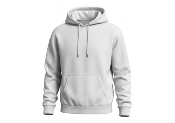 Plain white hoodie with drawstrings and kangaroo pocket isolated on transparent background