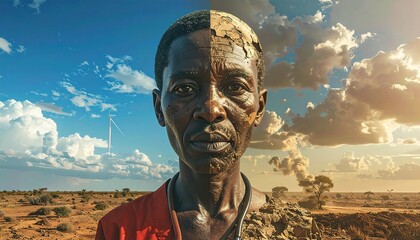Striking portrait face is half human/half cracked earth, set against dual sky/arid landscape. Symbolizes drought impact