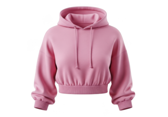 A stylish pink cropped hooded sweatshirt with drawstrings isolated on transparent background