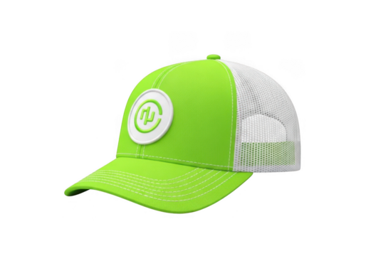 Bright lime green trucker hat with circular emblem isolated on transparent background