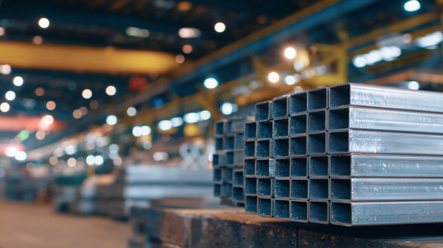 Side-angle close-up of square steel tubing, smooth reflective surfaces and sharp edges, stacked in rows, with warehouse lighting casting soft metallic highlights.
