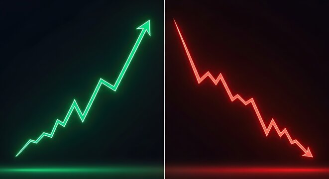 Economic uptrend and downtrend neon graphs showcasing market data