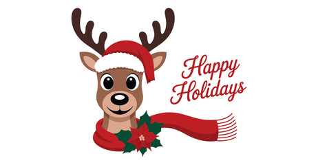  Festive cartoon reindeer with Santa hat and poinsettia scarf beside Happy Holidays text – cheerful winter holiday illustration