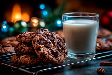 Freshly baked chocolate chip cookies sit on a cooling rack beside a glass of milk. A warm, inviting fireplace glows in the background, creating a cozy atmosphere