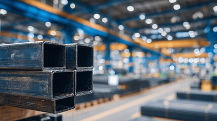 Top-angle macro of square tubing, edges and faces forming precise geometric patterns, industrial environment softly blurred in the background.