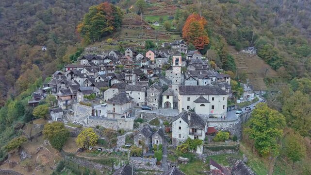 Corippo village nestled in Verzasca Valley, Ticino, aerial capture.
