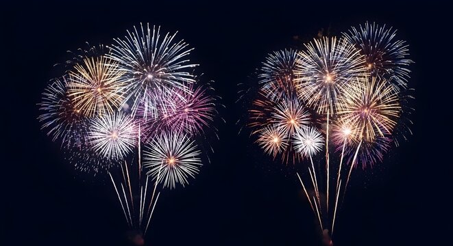 Colorful fireworks exploding against a dark night sky background