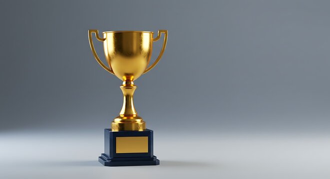 Golden trophy cup on a blue base signifying success and victory
