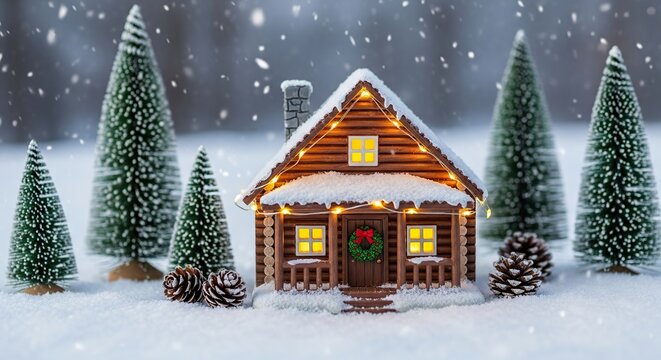 Charming rustic cabin in snow-covered winter wonderland at night