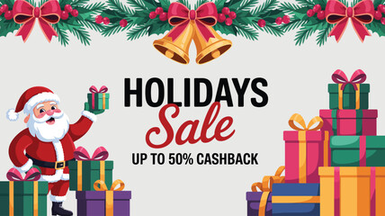  Happy Holidays cartoon banner with smiling polar bear and foxes – festive winter greeting illustration for seasonal celebration