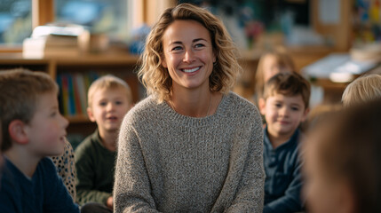 Cinematic classroom scene, teacher seated in a circle with children, interactive story props in hand, kidsâ expressions ranging from laughter to awe, warm natural lighting enhancin