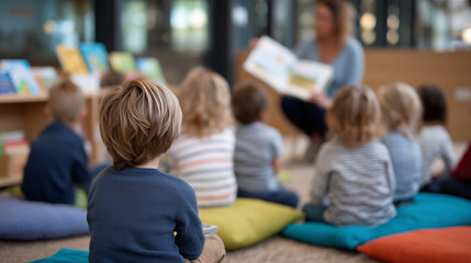 Artistic perspective of a storytime, teacher reading to children sitting on colorful mats, soft focus on kidsâ faces, books and educational materials scattered nearby.