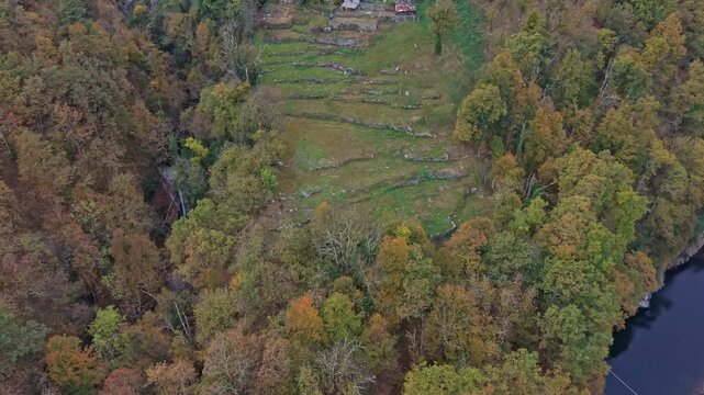 Stone houses in Corippo village, Verzasca Valley, seen from the air.