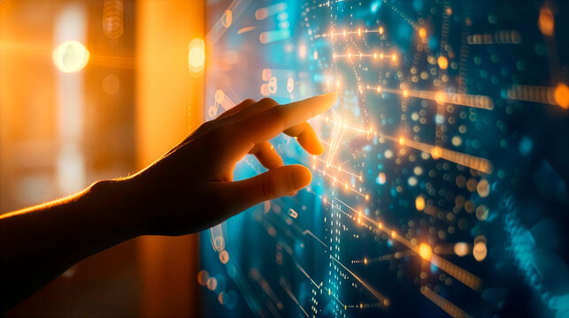 A person's hand reaching towards a glowing, interactive screen displaying an online course module