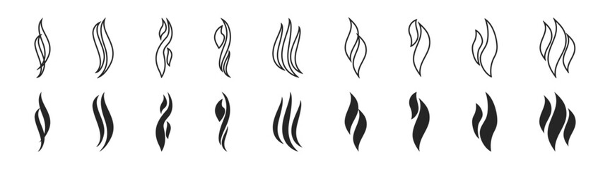 Smoke and steam icon set with aroma, heat, scent and abstract graphic symbols on transparent background