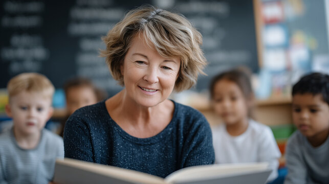 Teacher in a multicultural classroom, reading aloud while children of diverse backgrounds actively engage, chalkboard behind filled with illustrations and lesson notes.