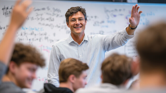 Medium shot of interactive university class, teacher engaging students with questions, some raising hands, large whiteboard behind filled with equations and key points.