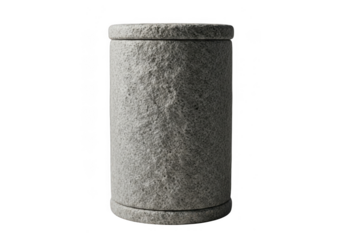 A textured cylindrical stone vessel with a lid isolated on transparent background