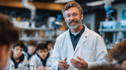 Lecture in a science lab classroom, teacher demonstrating with physical models, students observing experiments, lab equipment and diagrams creating a hands-on educational atmospher