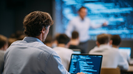 Technology-focused university class, professor explaining coding or engineering concepts on a digital projector, students working on laptops, modern classroom setup with high-tech