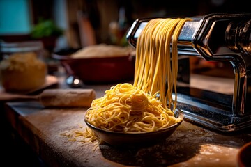 Fresh pasta is being extruded from a pasta machine into a round bowl, highlighting the texture and shine of the noodles in a warm kitchen setting with wooden surfaces