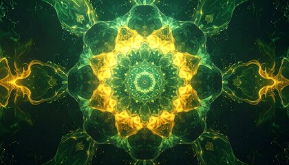 Symmetrical abstract artwork glows green and gold, radiating from center with fluid textures & fractal-like details