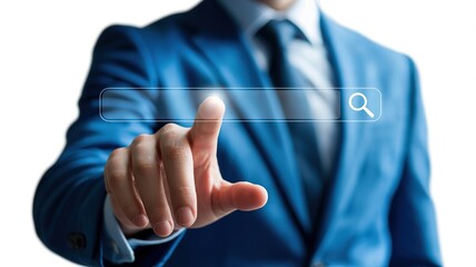 Businessman's finger tapping virtual search bar for online data
