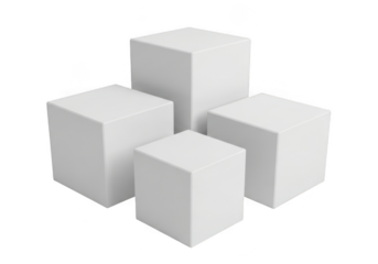 Four white geometric cubes arranged in a cluster isolated on transparent background