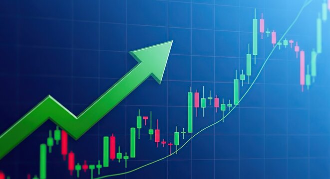 Upward green arrow on stock market chart showing financial growth.