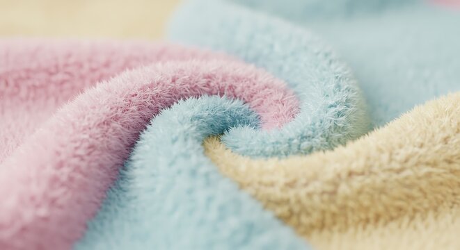 Pastel colored fluffy fabric texture with pink blue and beige stripes