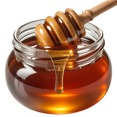 Golden natural sweet honey in a glass jar with wooden dipper isolated on white