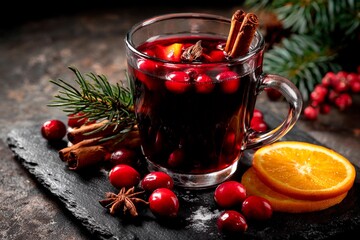 A warm drink made with cranberries sits in a clear glass, garnished with orange slices and cinnamon sticks. Pine branches and berries add a festive touch to the rustic setting