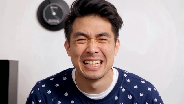 Expressive Asian man bursts into uncontrollable hysterical laughter.
