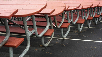 Rows of empty picnic tables in a rain-soaked outdoor area during a chilly afternoon