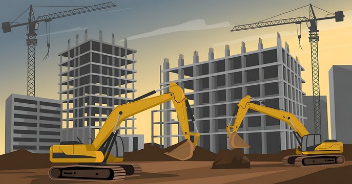 Yellow excavators and cranes at urban building construction site city development