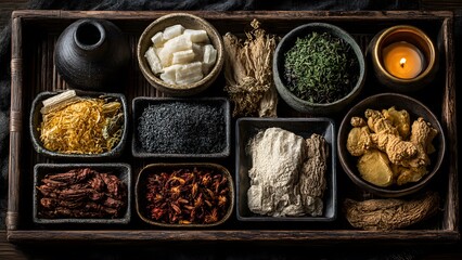Variety of Dry Ingredients in Wooden Tray