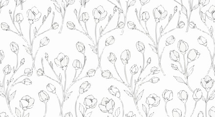 Elegant hand drawn floral seamless pattern with delicate blossoms and buds.