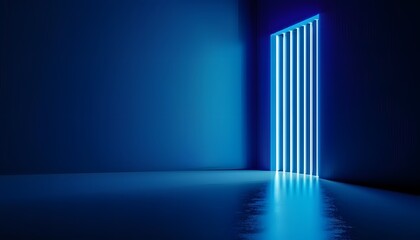 Blue neon light bars forming doorway in dark room &ndash; futuristic glowing entrance concept