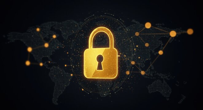 Golden padlock symbolizing digital security and global network protection