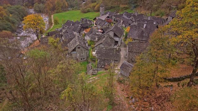 Aerial view of Foroglio village in Val Bavona, Ticino, during autumn.