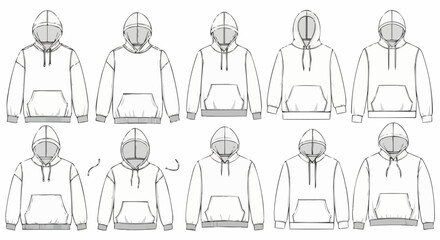 Collection of Hoodie Outline Illustrations for Fashion Design and Technical Drawings.