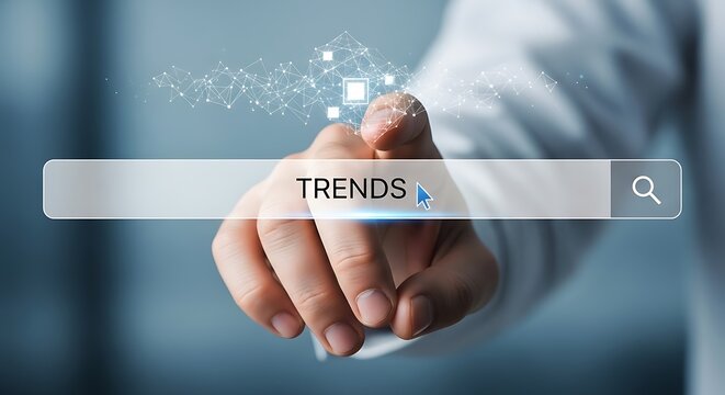 Trends search bar with hand touching the screen internet surfing concept