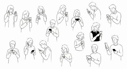 Diverse Group of People Engaged with Smartphones in Various Poses.