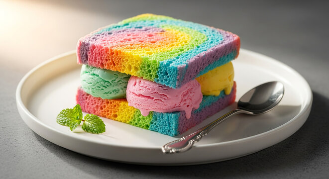 Rainbow ice cream sandwich dessert on a white plate with a spoon and mint garnish
